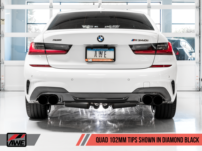 AWE Tuning 2019+ BMW M340i (G20) Resonated Touring Edition Exhaust - Quad Diamond Black Tips AWE Tuning 2019+ BMW M340i (G20) Resonated Touring Edition Exhaust - Quad Diamond Black Tips