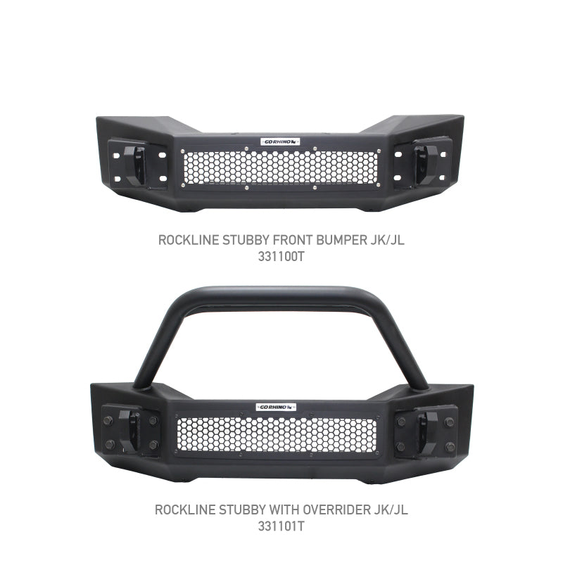 Go Rhino 07-20 Jeep Wrangler JL/JLU/JK/JKU/Gladiator JT Rockline Front Stubby Bumper w/ Overrider Go Rhino 07-20 Jeep Wrangler JL/JLU/JK/JKU/Gladiator JT Rockline Front Stubby Bumper w/ Overrider