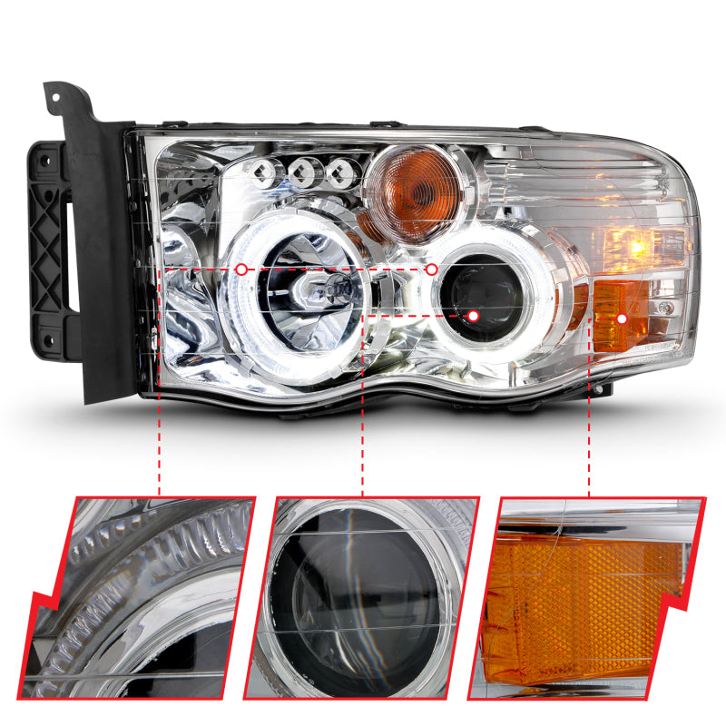 ANZO 2002-2005 Dodge Ram 1500 Projector Headlights w/ Halo Chrome Clear Amber ANZO 2002-2005 Dodge Ram 1500 Projector Headlights w/ Halo Chrome Clear Amber