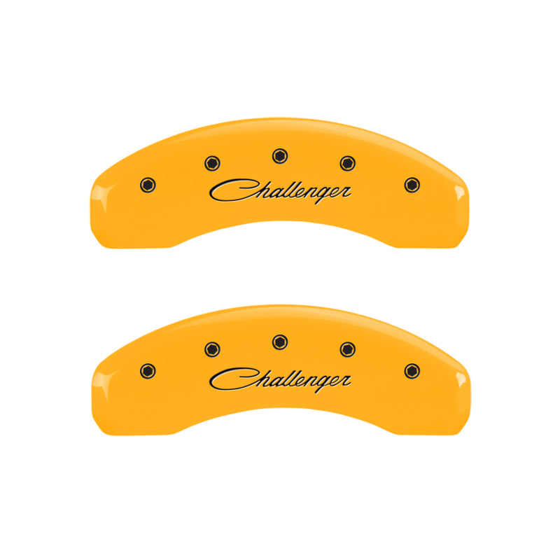 MGP 4 Caliper Covers Engraved Front & Rear Cursive/Challenger Yellow finish black ch MGP 4 Caliper Covers Engraved Front & Rear Cursive/Challenger Yellow finish black ch