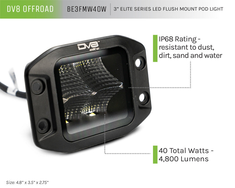 DV8 Offroad Elite Series 3in Cube LED Light 40W Spot 3W LED DV8 Offroad Elite Series 3in Cube LED Light 40W Spot 3W LED
