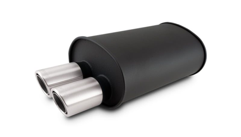 Vibrant STREETPOWER Blk Oval Muffler w/Dual Offset Tip 3in Inlet ID 3in Tip OD 9.5in x 6.75in x 15in Vibrant STREETPOWER Blk Oval Muffler w/Dual Offset Tip 3in Inlet ID 3in Tip OD 9.5in x 6.75in x 15in