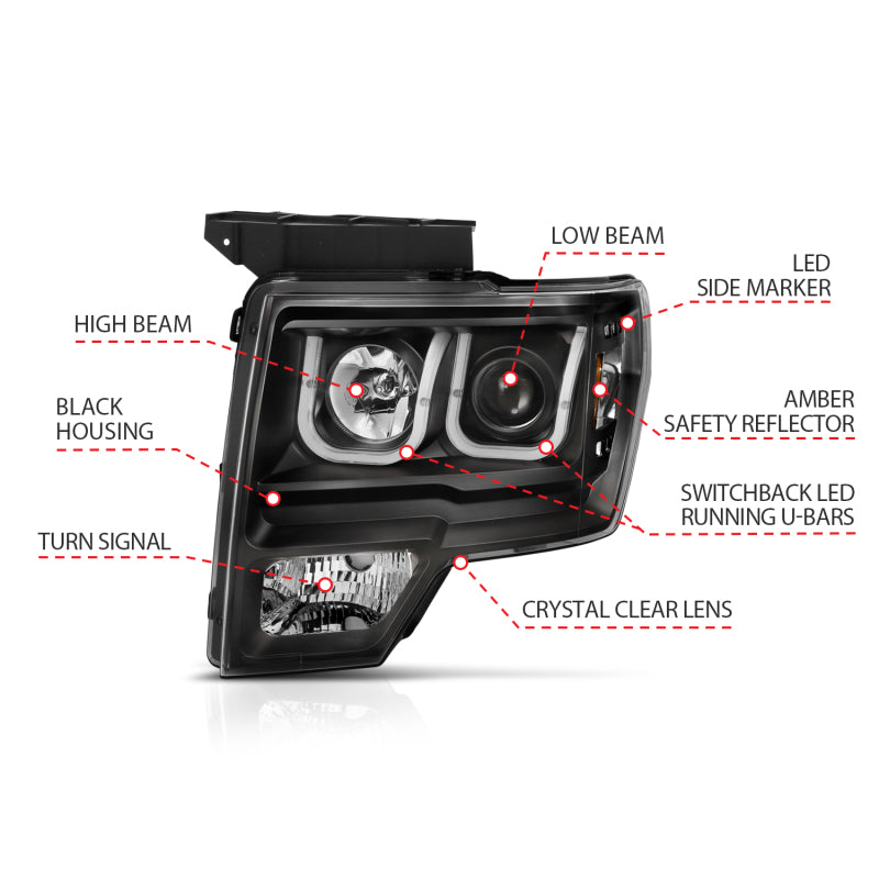 ANZO 2009-2014 Ford F-150 Projector Headlights w/ U-Bar Switchback Black w/ Amber ANZO 2009-2014 Ford F-150 Projector Headlights w/ U-Bar Switchback Black w/ Amber