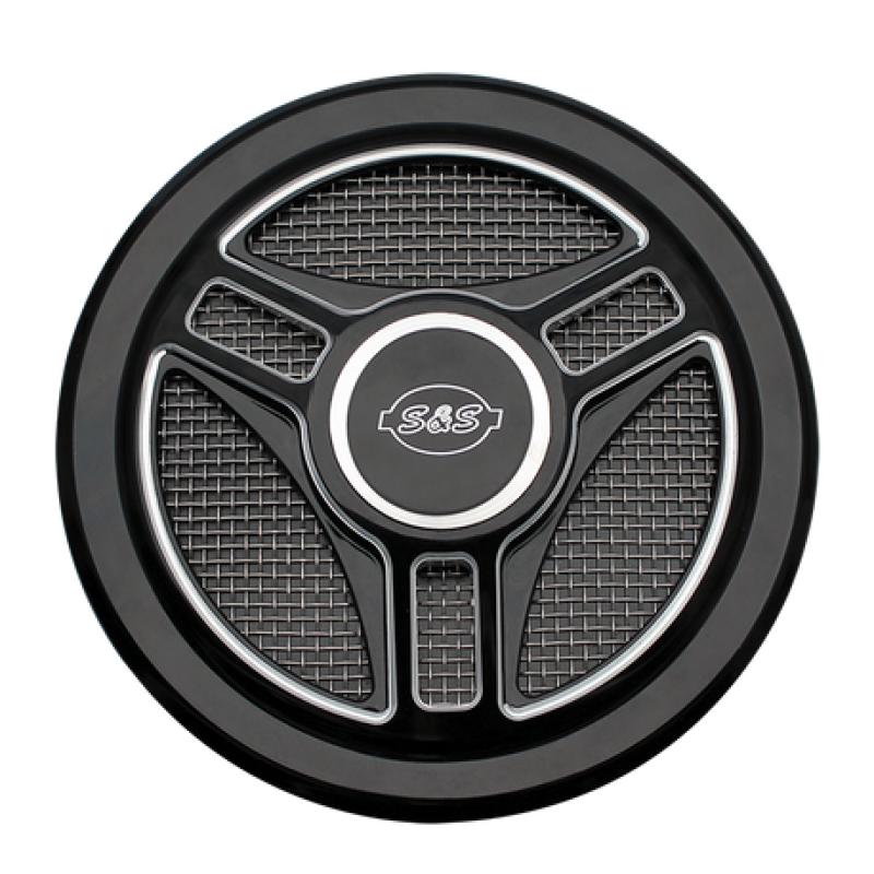 S&S Cycle Stealth Applications Tri-Spoke Air Cleaner Cover w/ Machined Highlights - Gloss Black S&S Cycle Stealth Applications Tri-Spoke Air Cleaner Cover w/ Machined Highlights - Gloss Black