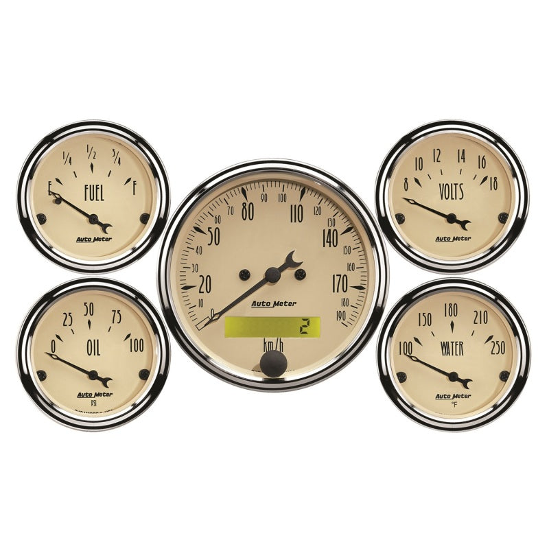 Autometer Antique Beige 5-Gauge Kit 3-1/8in Electrical Speedometer 190KPH Autometer Antique Beige 5-Gauge Kit 3-1/8in Electrical Speedometer 190KPH