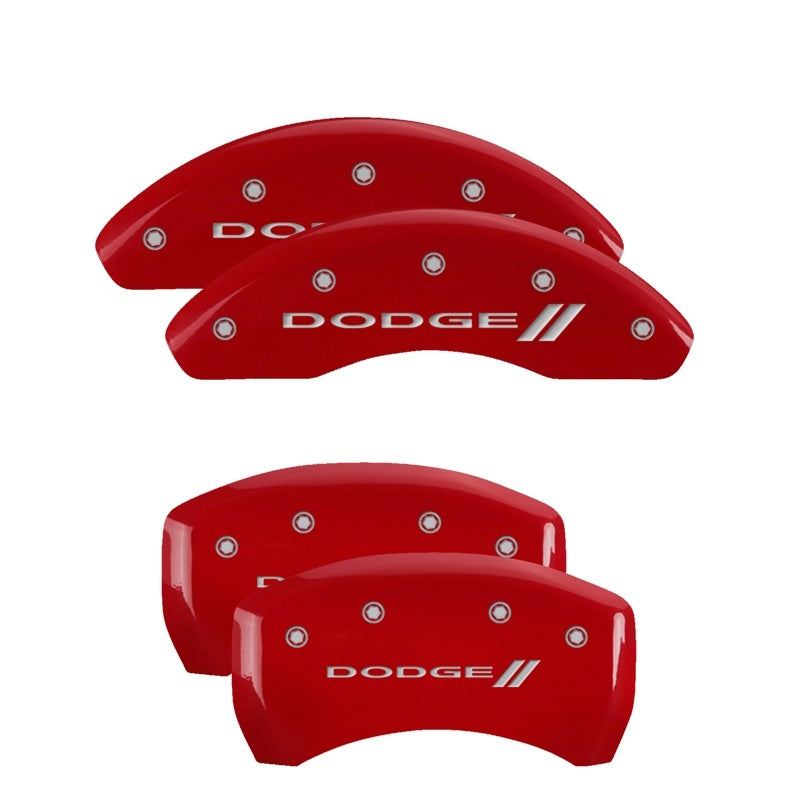 MGP 4 Caliper Covers Engraved Front & Rear With stripes/Dodge Red finish silver ch MGP 4 Caliper Covers Engraved Front & Rear With stripes/Dodge Red finish silver ch