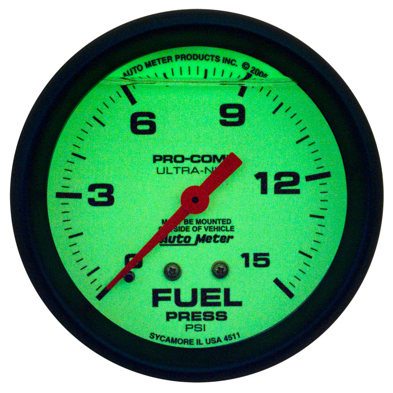 Autometer Ultra-Nite 2-5/8in 15psi Mechanical Glow In The Dark Fuel Pressure Gauge Autometer Ultra-Nite 2-5/8in 15psi Mechanical Glow In The Dark Fuel Pressure Gauge