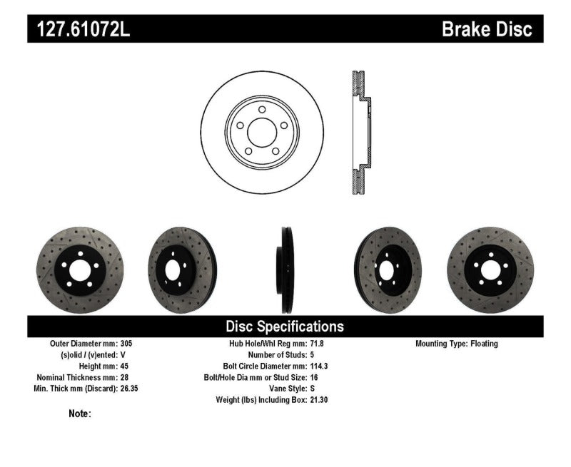 StopTech 03-09 Lincoln Town Car / 03-09 Mercury Grand Marquis Front Left Slotted & Drilled Rotor StopTech 03-09 Lincoln Town Car / 03-09 Mercury Grand Marquis Front Left Slotted & Drilled Rotor
