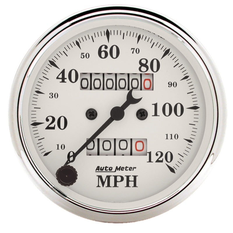 Auto Meter 3-1/8in 120MPH Mechanical Speedometer Old Tyme White Gauge Auto Meter 3-1/8in 120MPH Mechanical Speedometer Old Tyme White Gauge