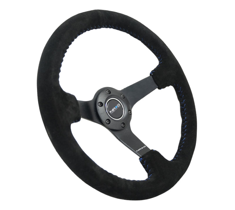 NRG Reinforced Steering Wheel (350mm / 3in. Deep) Blk Suede/Blue BBall Stitch w/5mm Matte Blk Spokes NRG Reinforced Steering Wheel (350mm / 3in. Deep) Blk Suede/Blue BBall Stitch w/5mm Matte Blk Spokes