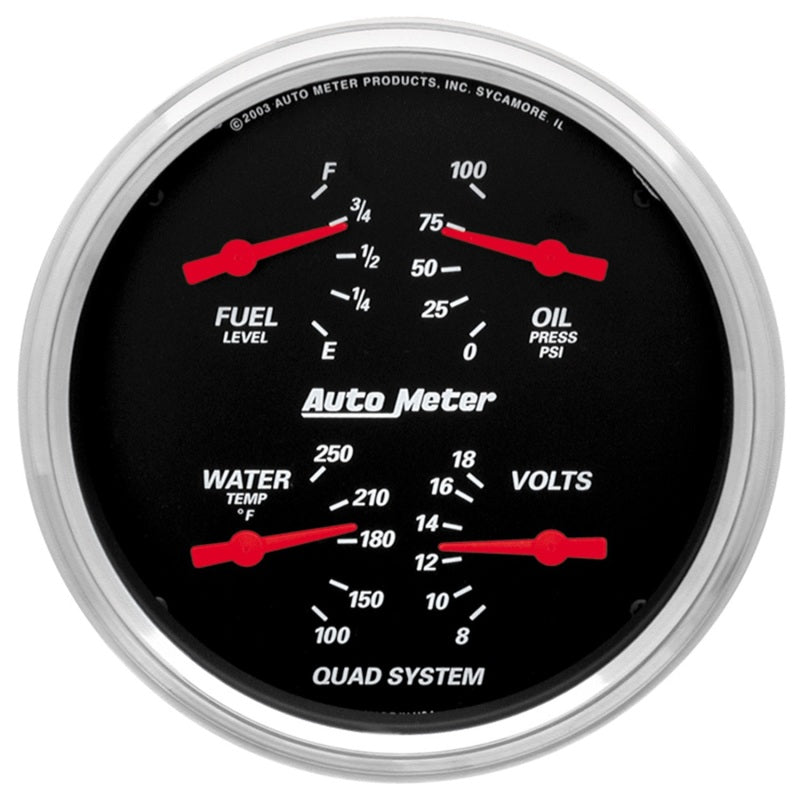 Autometer Designer Black 5in Quad Gauge - Fuel Level / Oil Pressure / Water Temperature / Voltmeter Autometer Designer Black 5in Quad Gauge - Fuel Level / Oil Pressure / Water Temperature / Voltmeter