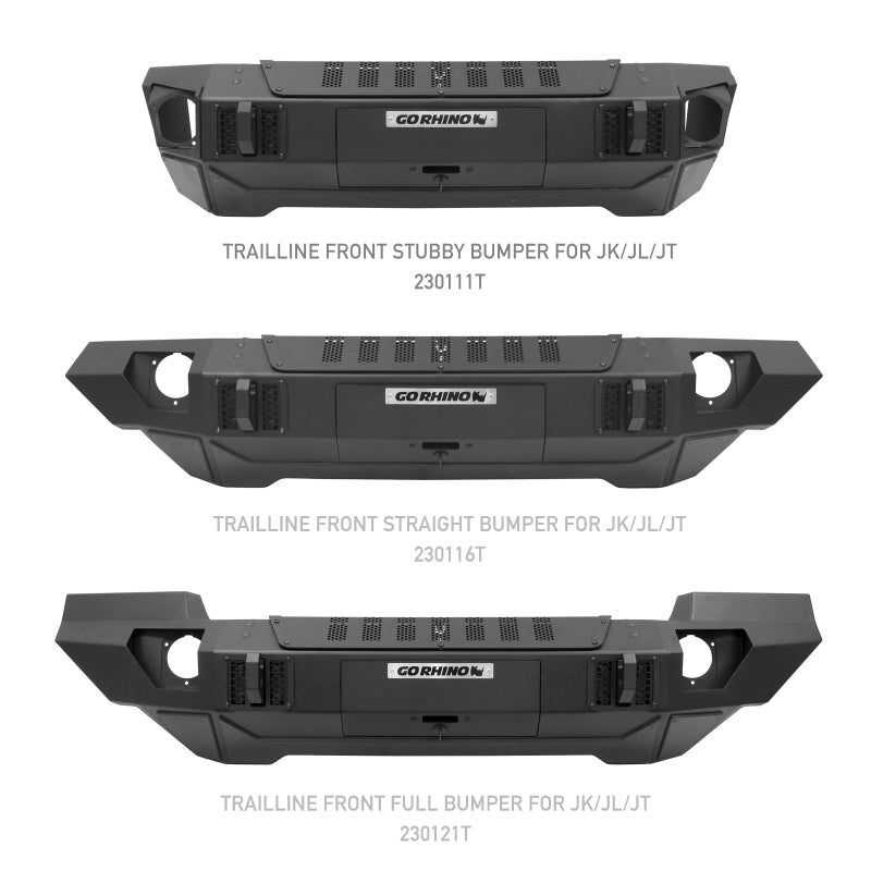 Go Rhino 07-20 Jeep Wrangler JL/JLU/JK/JKU/Gladiator JT Trailline Front Stubby Bumper Go Rhino 07-20 Jeep Wrangler JL/JLU/JK/JKU/Gladiator JT Trailline Front Stubby Bumper
