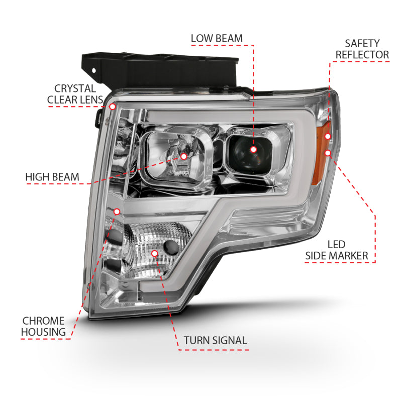 ANZO 2009-2014 Ford F-150 Projector Headlight Plank Style Chrome Amber ANZO 2009-2014 Ford F-150 Projector Headlight Plank Style Chrome Amber