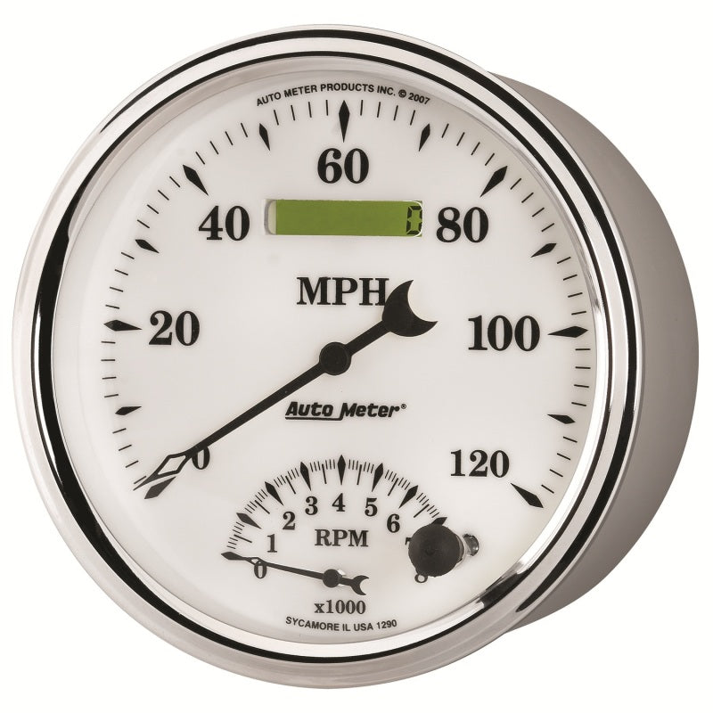 AutoMeter Gauge Tach/Speedo 5in. 120MPH & 8K RPM Elec. Program Old Tyme White II AutoMeter Gauge Tach/Speedo 5in. 120MPH & 8K RPM Elec. Program Old Tyme White II