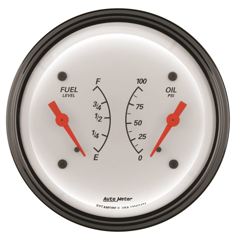 AutoMeter Gauge Dual Fuel & Oilp 3-3/8in. 0 Ohm(e) to 90 Ohm(f)& 100PSI Elec Arctic White AutoMeter Gauge Dual Fuel & Oilp 3-3/8in. 0 Ohm(e) to 90 Ohm(f)& 100PSI Elec Arctic White
