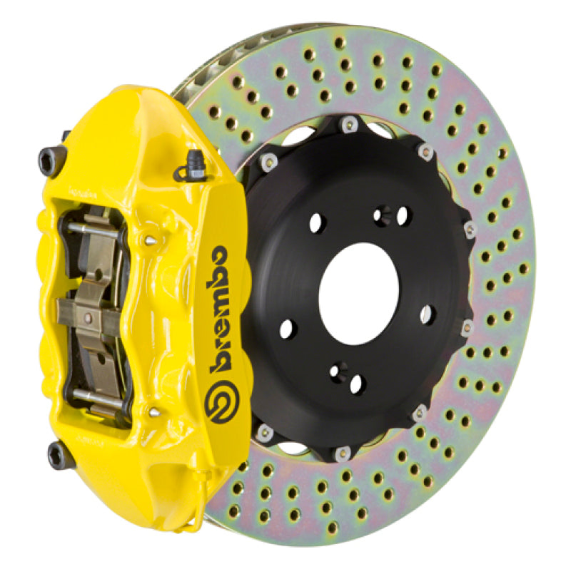 Brembo 99-07 Lancer Evo VI/VII/VIII/IX Rear GT BBK 4 Piston Cast 328x28 2pc Rotor Drilled- Yellow Brembo 99-07 Lancer Evo VI/VII/VIII/IX Rear GT BBK 4 Piston Cast 328x28 2pc Rotor Drilled- Yellow