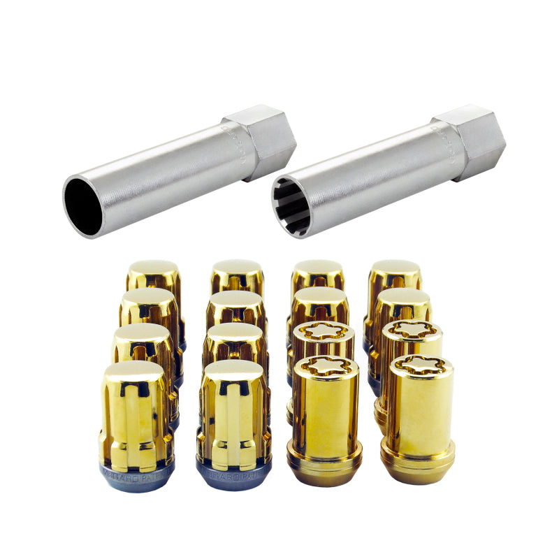McGard SplineDrive Tuner 4 Lug Install Kit w/Locks & Tool (Cone) M12x1.5 / 13/16 Hex - Gold (CS) McGard SplineDrive Tuner 4 Lug Install Kit w/Locks & Tool (Cone) M12x1.5 / 13/16 Hex - Gold (CS)