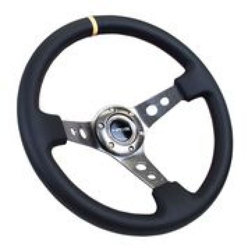 NRG Reinforced Steering Wheel (350mm / 3in. Deep) Blk Leather w/Gunmetal Cutout Spoke & Yellow CM NRG Reinforced Steering Wheel (350mm / 3in. Deep) Blk Leather w/Gunmetal Cutout Spoke & Yellow CM