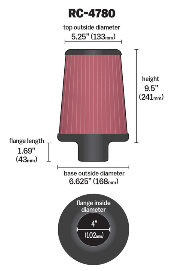 K&N Universal Filter Round Tapered 4in FlangeID / 6.625in Base OD / 5.25in Top OD / 9.5in Height K&N Universal Filter Round Tapered 4in FlangeID / 6.625in Base OD / 5.25in Top OD / 9.5in Height