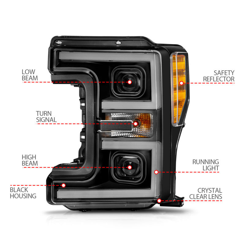 ANZO 17-19 Ford F-250/350/450 SD (w/o Factory LED) LED Proj Headlights w/Light Bar Switchback Blk ANZO 17-19 Ford F-250/350/450 SD (w/o Factory LED) LED Proj Headlights w/Light Bar Switchback Blk