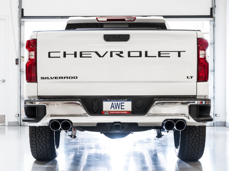 AWE Tuning 4th Gen GM 1500 5.3L 0FG Catback Split Rear Exit (w/ Bumper Cutouts) - Quad Chrome Tips AWE Tuning 4th Gen GM 1500 5.3L 0FG Catback Split Rear Exit (w/ Bumper Cutouts) - Quad Chrome Tips