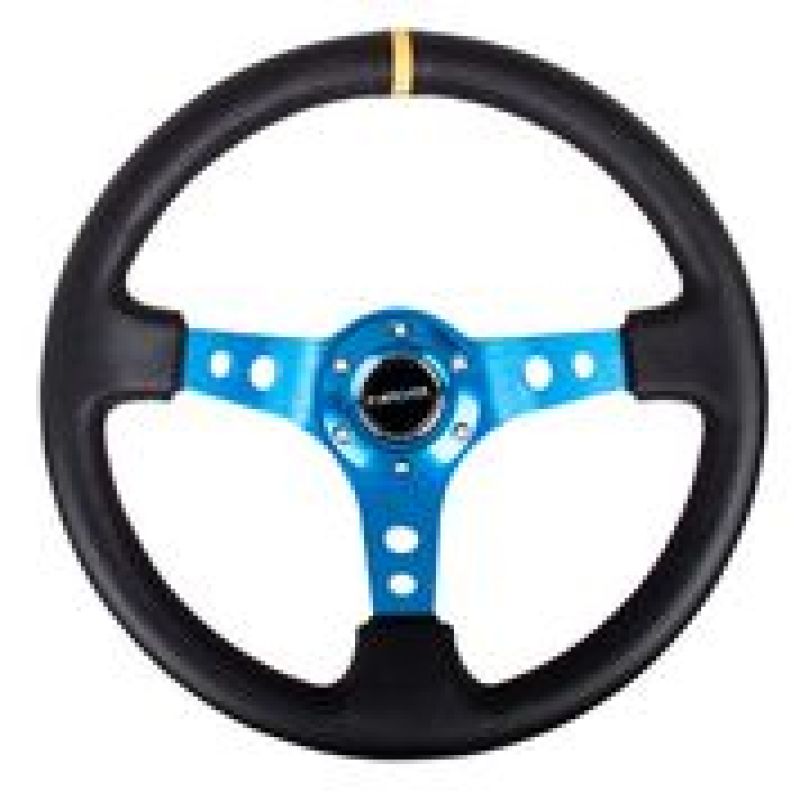 NRG Reinforced Steering Wheel (350mm / 3in. Deep) Blk Leather w/Blue Circle Cutout Spokes NRG Reinforced Steering Wheel (350mm / 3in. Deep) Blk Leather w/Blue Circle Cutout Spokes