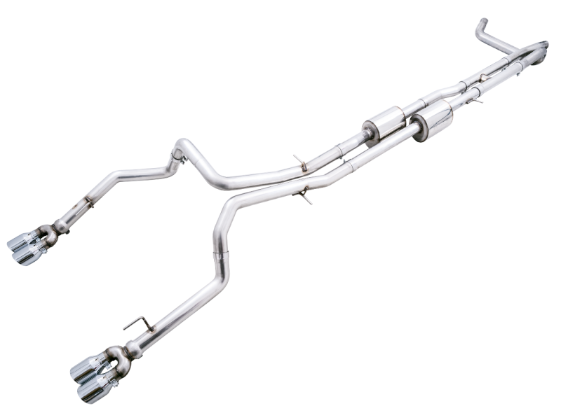 AWE Tuning 4th Gen GM 1500 6.2L 0FG Catback Split Rear Exit (w/ Bumper Cutouts) - Quad Chrome Tips AWE Tuning 4th Gen GM 1500 6.2L 0FG Catback Split Rear Exit (w/ Bumper Cutouts) - Quad Chrome Tips