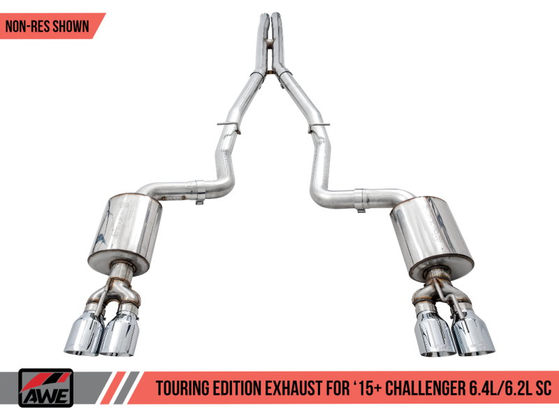 AWE Tuning 2015+ Dodge Challenger 6.4L/6.2L Non-Resonated Touring Edition Exhaust - Quad Silver Tips AWE Tuning 2015+ Dodge Challenger 6.4L/6.2L Non-Resonated Touring Edition Exhaust - Quad Silver Tips