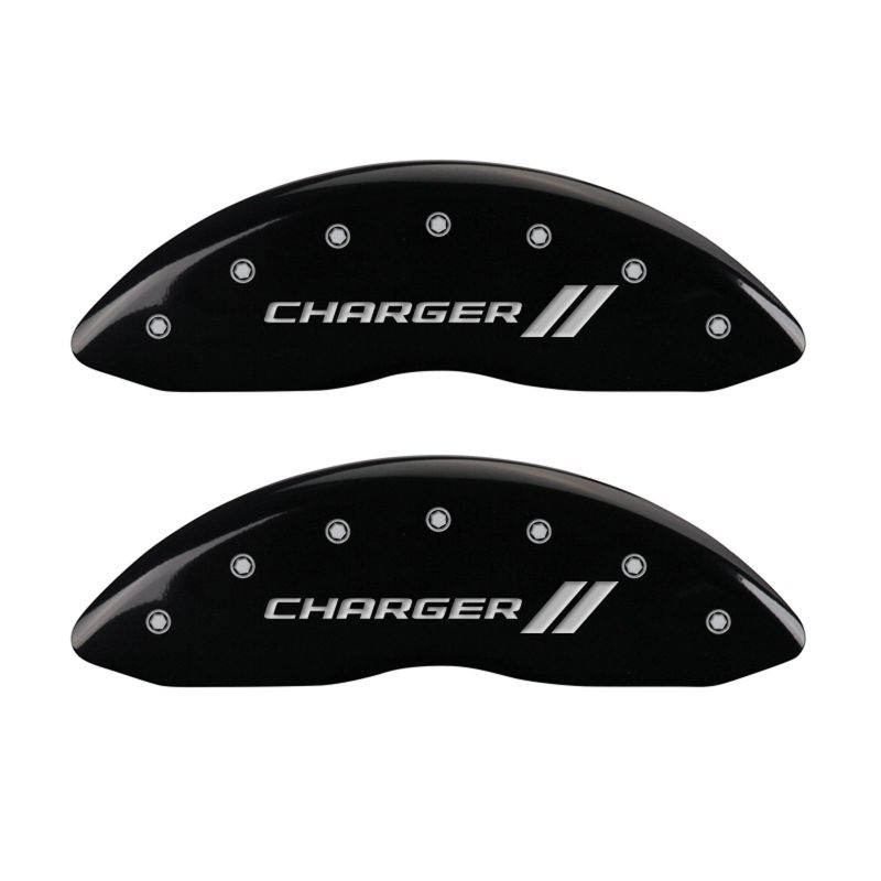 MGP 4 Caliper Covers Engraved Front & Rear With stripes/Charger Black finish silver ch MGP 4 Caliper Covers Engraved Front & Rear With stripes/Charger Black finish silver ch