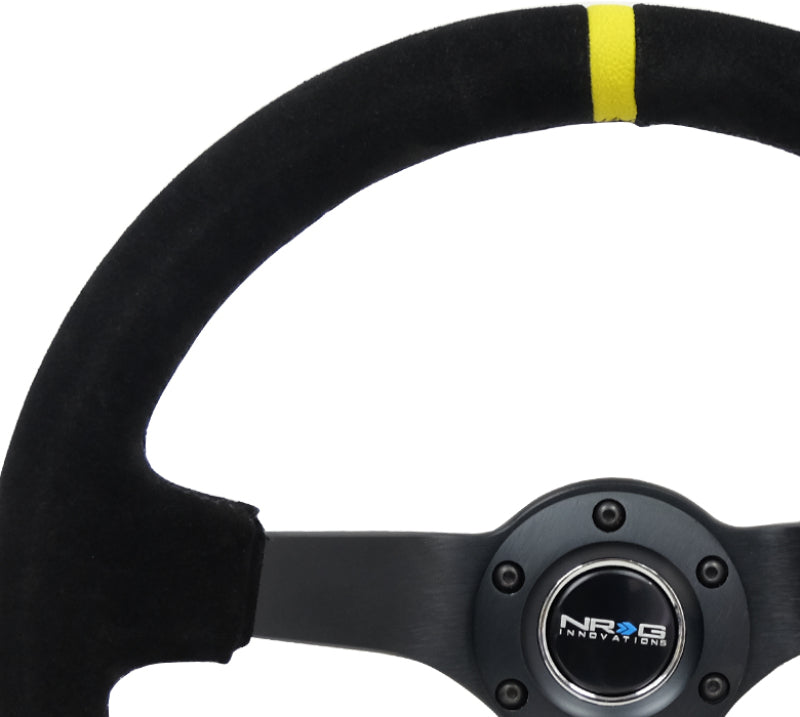 NRG Reinforced Steering Wheel (350mm / 3in. Deep) Blk Suede/X-Stitch w/5mm Blk Spoke & Yellow CM NRG Reinforced Steering Wheel (350mm / 3in. Deep) Blk Suede/X-Stitch w/5mm Blk Spoke & Yellow CM