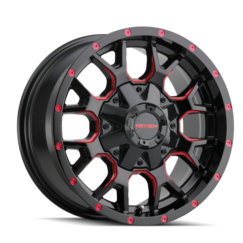 Mayhem 8015 Warrior 20x9 / 6x135 BP / 18mm Offset / 106mm Hub Black w/ Prism Red Wheel Mayhem 8015 Warrior 20x9 / 6x135 BP / 18mm Offset / 106mm Hub Black w/ Prism Red Wheel