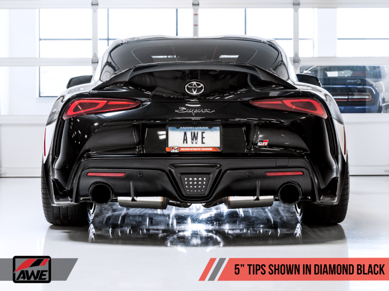 AWE 2020 Toyota Supra A90 Resonated Touring Edition Exhaust - 5in Diamond Black Tips AWE 2020 Toyota Supra A90 Resonated Touring Edition Exhaust - 5in Diamond Black Tips