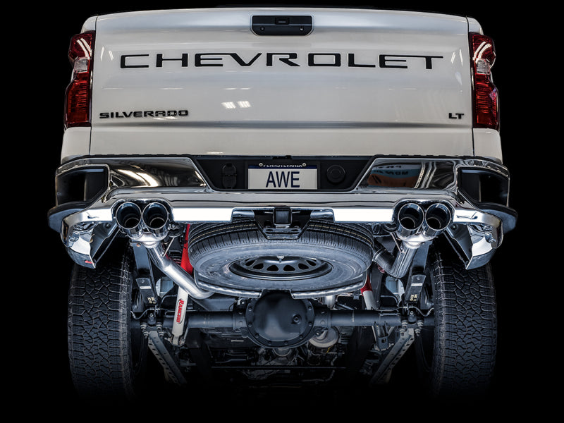 AWE Tuning 4th Gen GM 1500 5.3L 0FG Catback Split Rear Exit (w/ Bumper Cutouts) - Quad Chrome Tips AWE Tuning 4th Gen GM 1500 5.3L 0FG Catback Split Rear Exit (w/ Bumper Cutouts) - Quad Chrome Tips