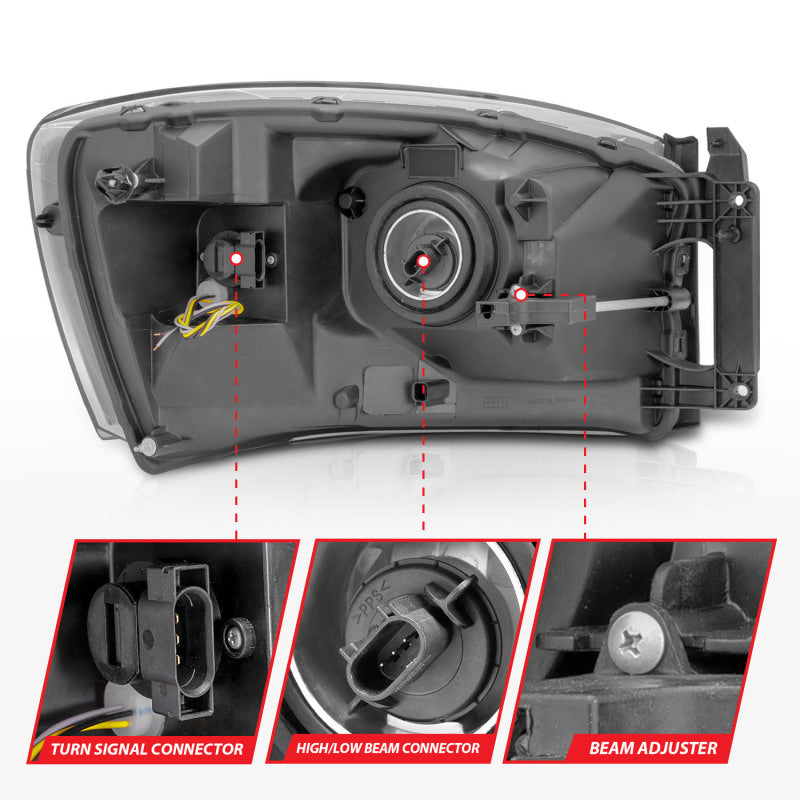Anzo 06-09 Dodge RAM 1500/2500/3500 Headlights Black Housing/Clear Lens (w/Switchback Light Bars) Anzo 06-09 Dodge RAM 1500/2500/3500 Headlights Black Housing/Clear Lens (w/Switchback Light Bars)