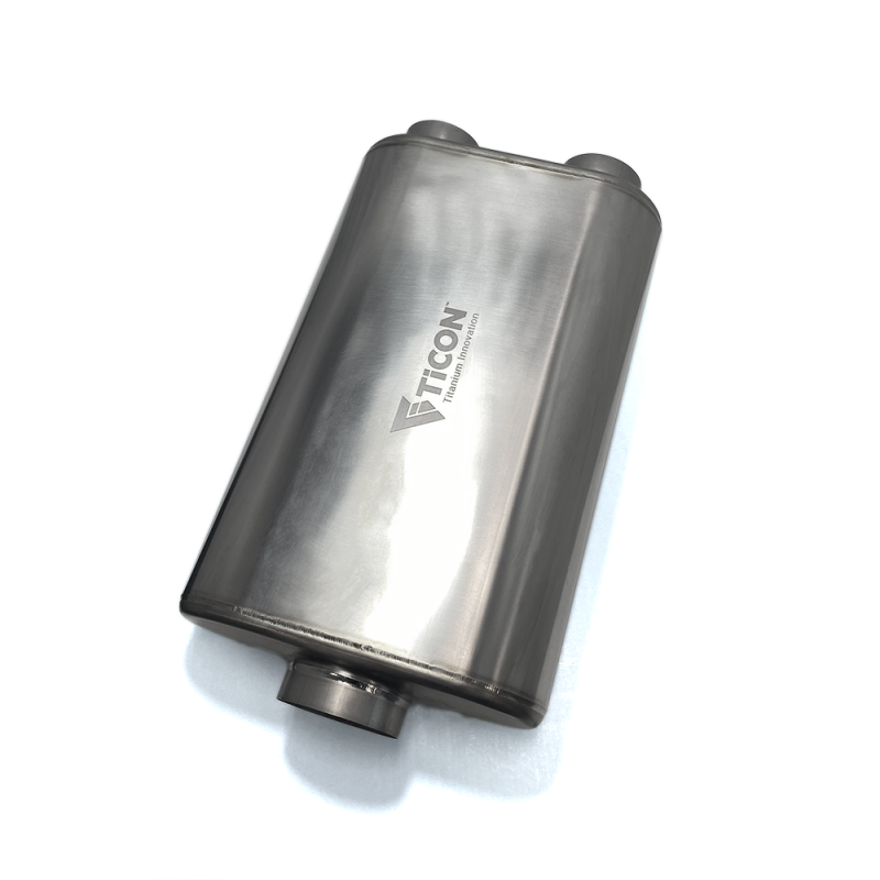 Ticon Industries 17in OAL 3in Thin Oval Matte Finish Titanium Muffler - 3in Center In/2.5in Dual Out Ticon Industries 17in OAL 3in Thin Oval Matte Finish Titanium Muffler - 3in Center In/2.5in Dual Out