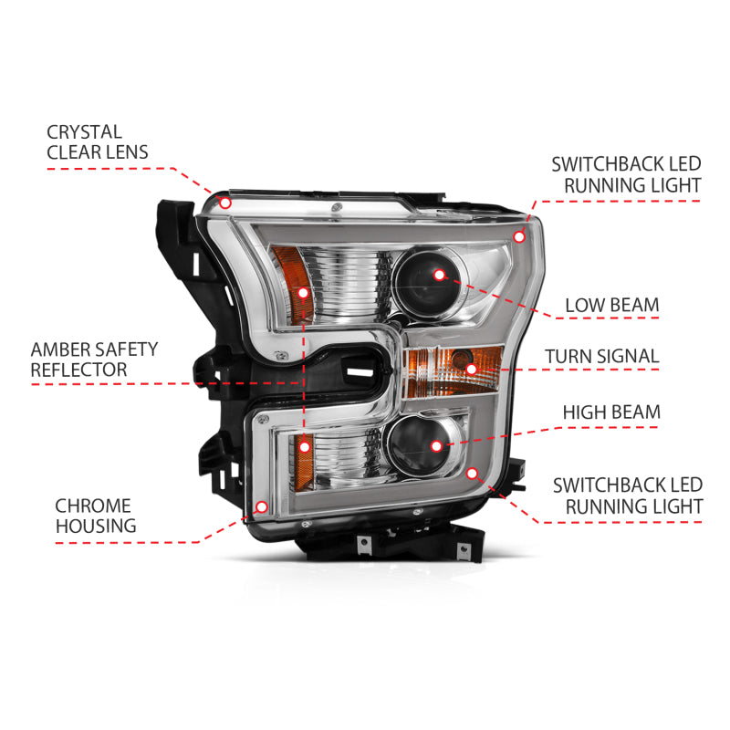 ANZO 2015-2017 Ford F-150 Projector Headlights w/ Plank Style Switchback Chrome w/ Amber ANZO 2015-2017 Ford F-150 Projector Headlights w/ Plank Style Switchback Chrome w/ Amber