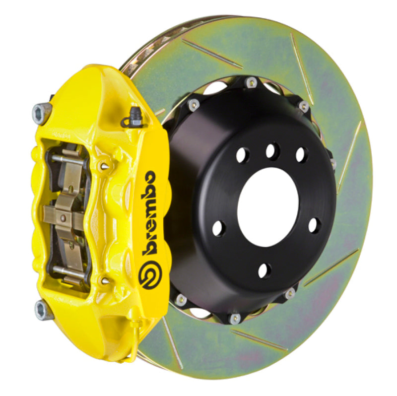 Brembo 08-15 Lancer Evo X Rear GT BBK 4 Piston Cast 345x28 2pc Rotor Slotted Type-1- Yellow Brembo 08-15 Lancer Evo X Rear GT BBK 4 Piston Cast 345x28 2pc Rotor Slotted Type-1- Yellow
