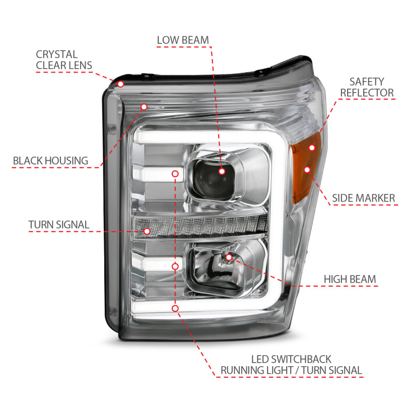 ANZO 11-16 Ford F-250/F-350/F-450 Projector Headlights w/ Plank Style Switchback Chrome w/Amber ANZO 11-16 Ford F-250/F-350/F-450 Projector Headlights w/ Plank Style Switchback Chrome w/Amber