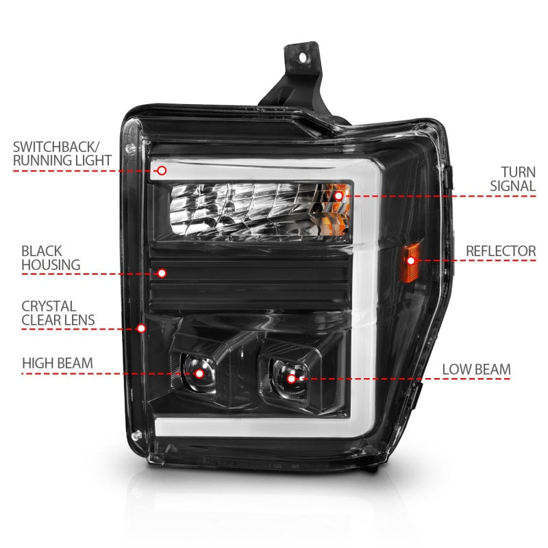 ANZO 08-10 Ford F-250 - F-550 Super Duty Projector Headlights w/ Light Bar Switchback Black Housing ANZO 08-10 Ford F-250 - F-550 Super Duty Projector Headlights w/ Light Bar Switchback Black Housing