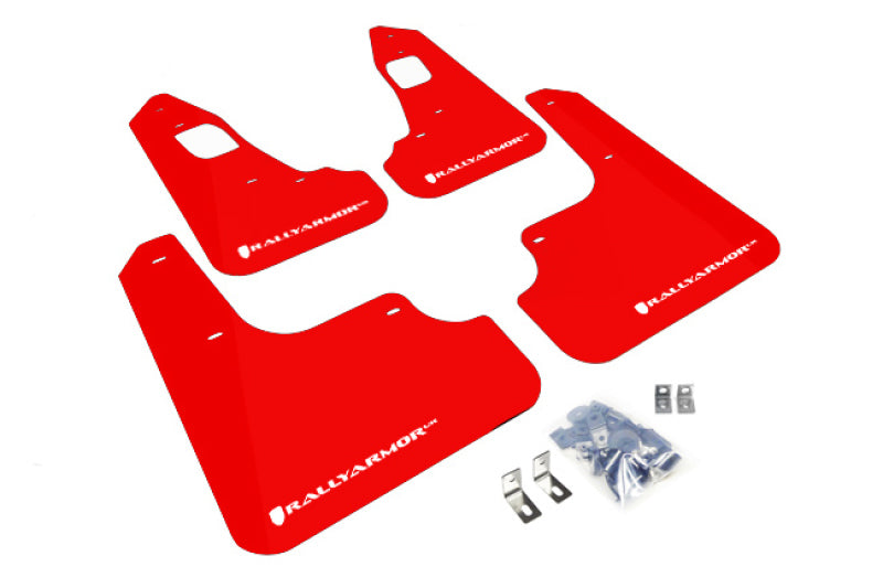 Rally Armor 08-17 Mitsubishi EVO X Red UR Mud Flap w/ White Logo Rally Armor 08-17 Mitsubishi EVO X Red UR Mud Flap w/ White Logo