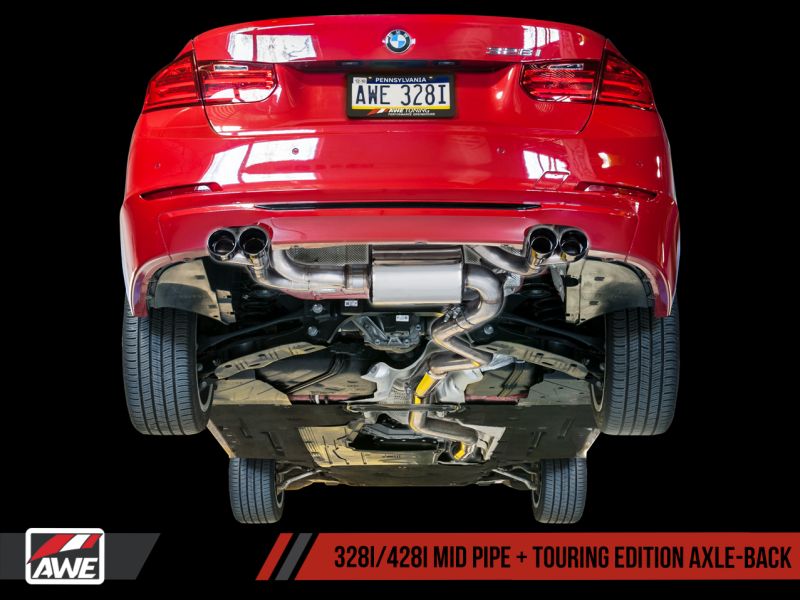 AWE Tuning BMW F3X N20/N26 328i/428i Touring Edition Exhaust Quad Outlet - 80mm Chrome Silver Tips AWE Tuning BMW F3X N20/N26 328i/428i Touring Edition Exhaust Quad Outlet - 80mm Chrome Silver Tips