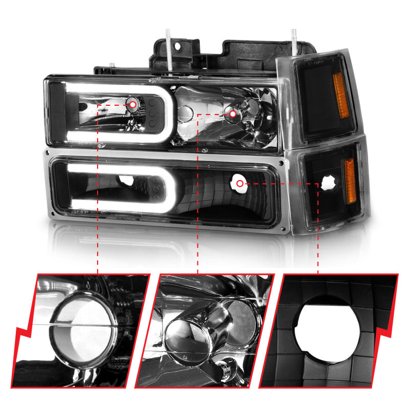 ANZO 88-98 Chevrolet C1500 Crystal Headlights w/ Light Bar Black Housing w/ Signal Side Markers 8Pcs ANZO 88-98 Chevrolet C1500 Crystal Headlights w/ Light Bar Black Housing w/ Signal Side Markers 8Pcs
