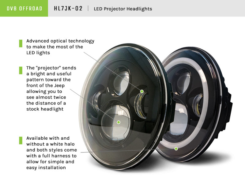 DV8 Offroad 07-18 Jeep Wrangler JK LED Projector Headlights w/ Angel Eyes DV8 Offroad 07-18 Jeep Wrangler JK LED Projector Headlights w/ Angel Eyes