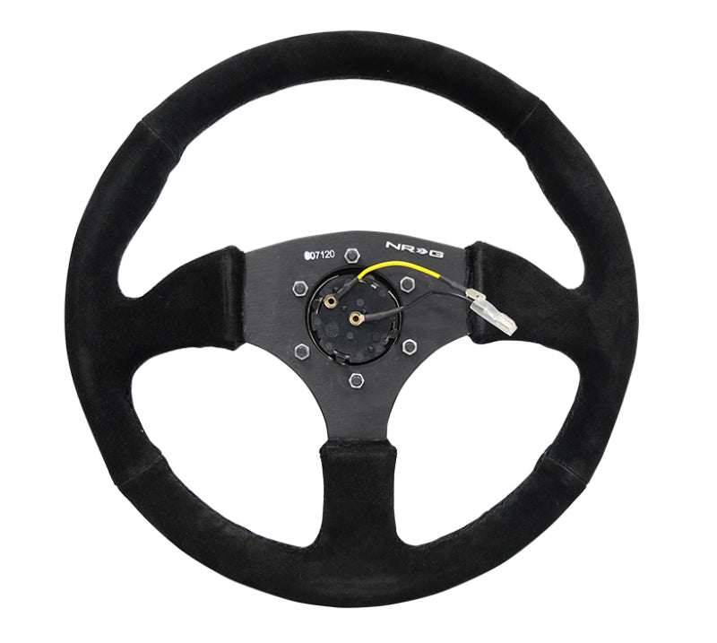 NRG Reinforced Steering Wheel (350mm / 2.5in. Deep) Blk Suede Comfort Grip w/5mm Matte Blk Spokes NRG Reinforced Steering Wheel (350mm / 2.5in. Deep) Blk Suede Comfort Grip w/5mm Matte Blk Spokes