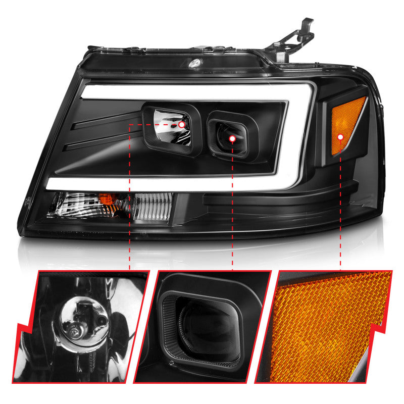 ANZO 2004-2008 Ford  F-150 Projector Headlights w/ Light Bar Black Housing ANZO 2004-2008 Ford  F-150 Projector Headlights w/ Light Bar Black Housing