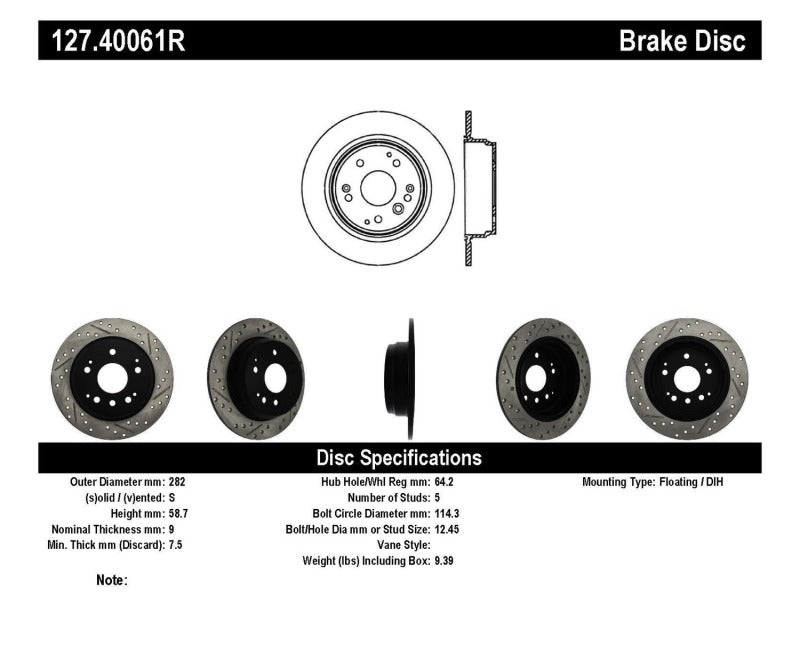 StopTech 04-08 Acura TL / 03-09 honda Element Slotted & Drilled Right Rear Rotor StopTech 04-08 Acura TL / 03-09 honda Element Slotted & Drilled Right Rear Rotor