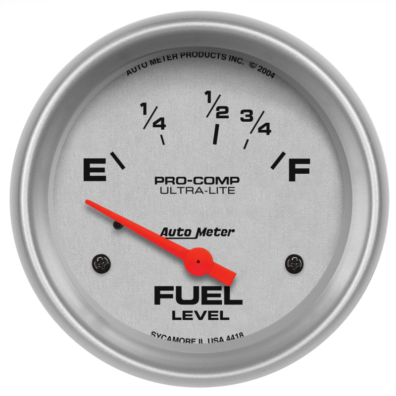 AutoMeter Gauge Fuel Level 2-5/8in. 16 Ohm(e) to 158 Ohm(f) Elec Ultra-Lite AutoMeter Gauge Fuel Level 2-5/8in. 16 Ohm(e) to 158 Ohm(f) Elec Ultra-Lite