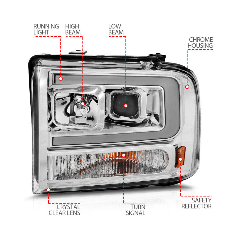 ANZO 99-04 Ford F250/F350/F450/Excursion (excl 99) Projector Headlights - w/Light Bar Chrome Housing ANZO 99-04 Ford F250/F350/F450/Excursion (excl 99) Projector Headlights - w/Light Bar Chrome Housing