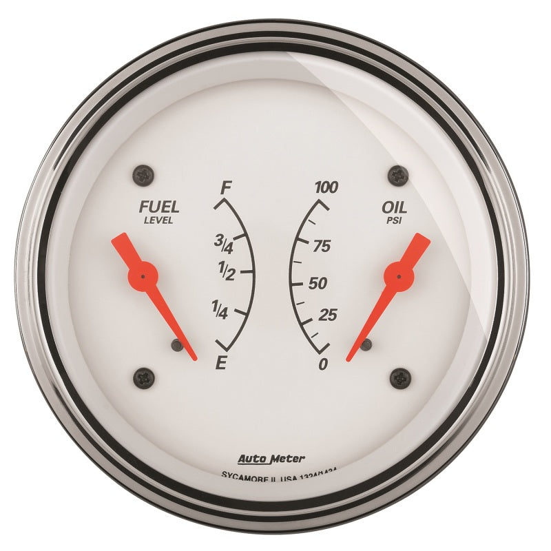 AutoMeter Gauge Dual Fuel & Oilp 3-3/8in. 0 Ohm(e) to 90 Ohm(f)& 100PSI Elec Arctic White AutoMeter Gauge Dual Fuel & Oilp 3-3/8in. 0 Ohm(e) to 90 Ohm(f)& 100PSI Elec Arctic White
