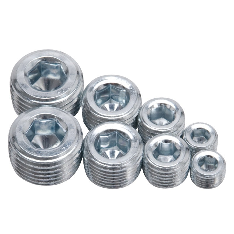 Edelbrock Fittings Pipe Plug Kit Internal Allen Head 1/8In 1/4In 3/8In 1/2In NPT Set of 8 Edelbrock Fittings Pipe Plug Kit Internal Allen Head 1/8In 1/4In 3/8In 1/2In NPT Set of 8
